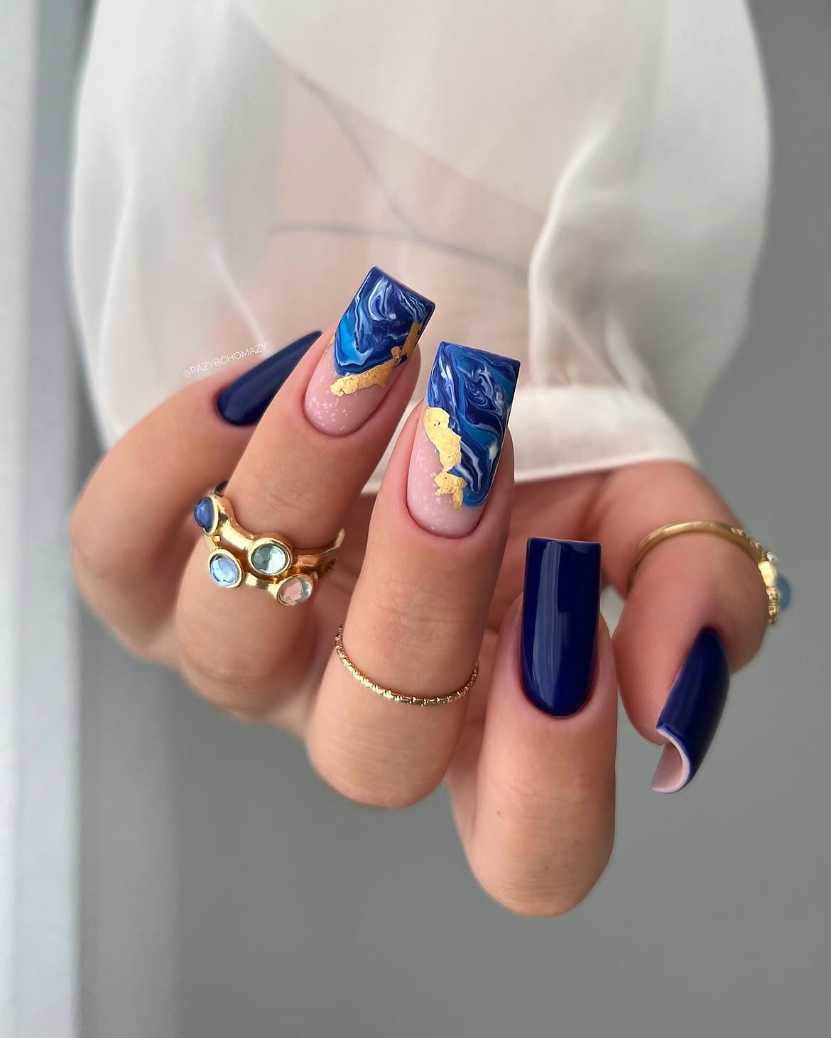 Navy Blue Marble and Gold Foil French Tips