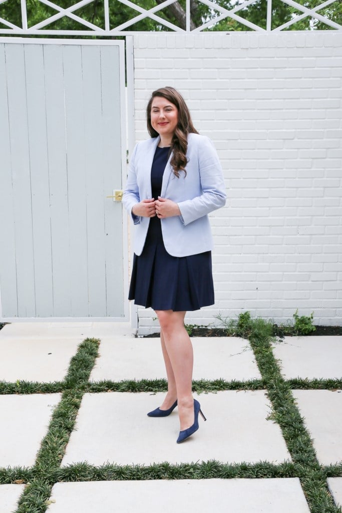 Navy Fit and Flare Dress with Light Blue Blazer Navy Fit and Flare Dress with Light Blue Blazer — Navy Blue Outfits