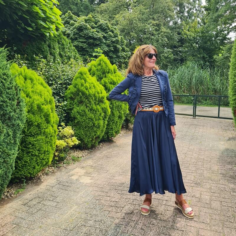 Navy Satin Maxi Skirt with Striped Top Navy Satin Maxi Skirt with Striped Top — Navy Blue Outfits