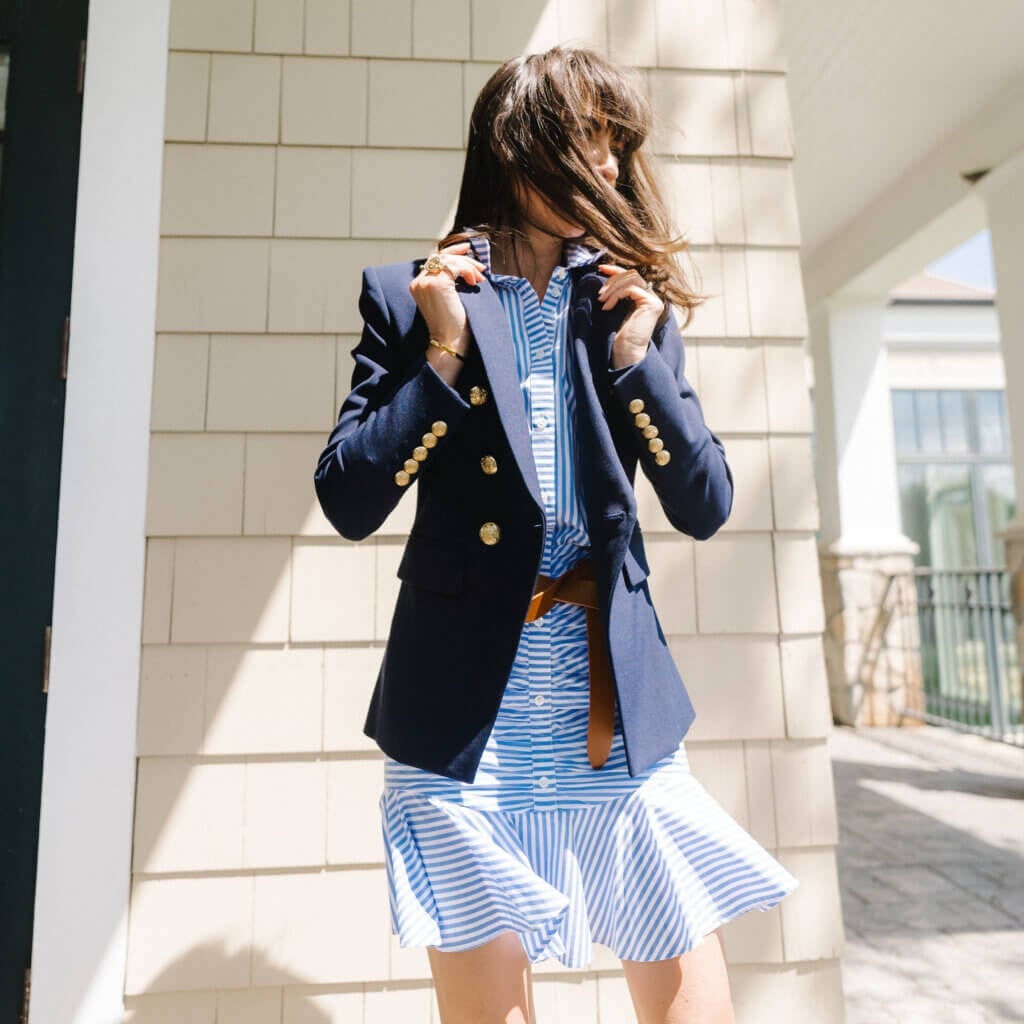 Navy Blazer Over Striped Dress Navy Blazer Over Striped Dress — Navy Blue Outfits