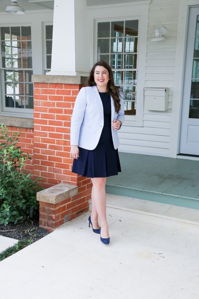 Navy Fit-and-Flare Dress with Light Blue Blazer, Close-Up Take Navy Fit-and-Flare Dress with Light Blue Blazer, Close-Up Take — Navy Blue Outfits