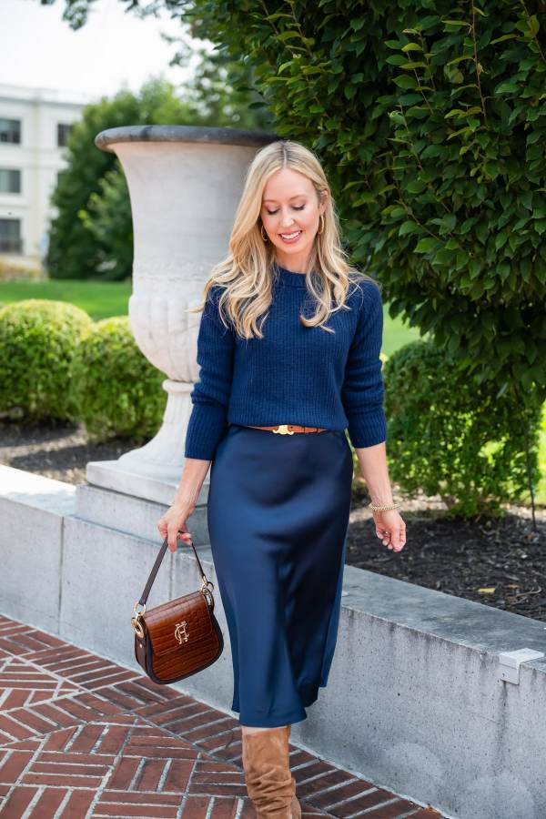 Navy Knit Sweater and Silk Slip Skirt Navy Knit Sweater and Silk Slip Skirt — Navy Blue Outfits