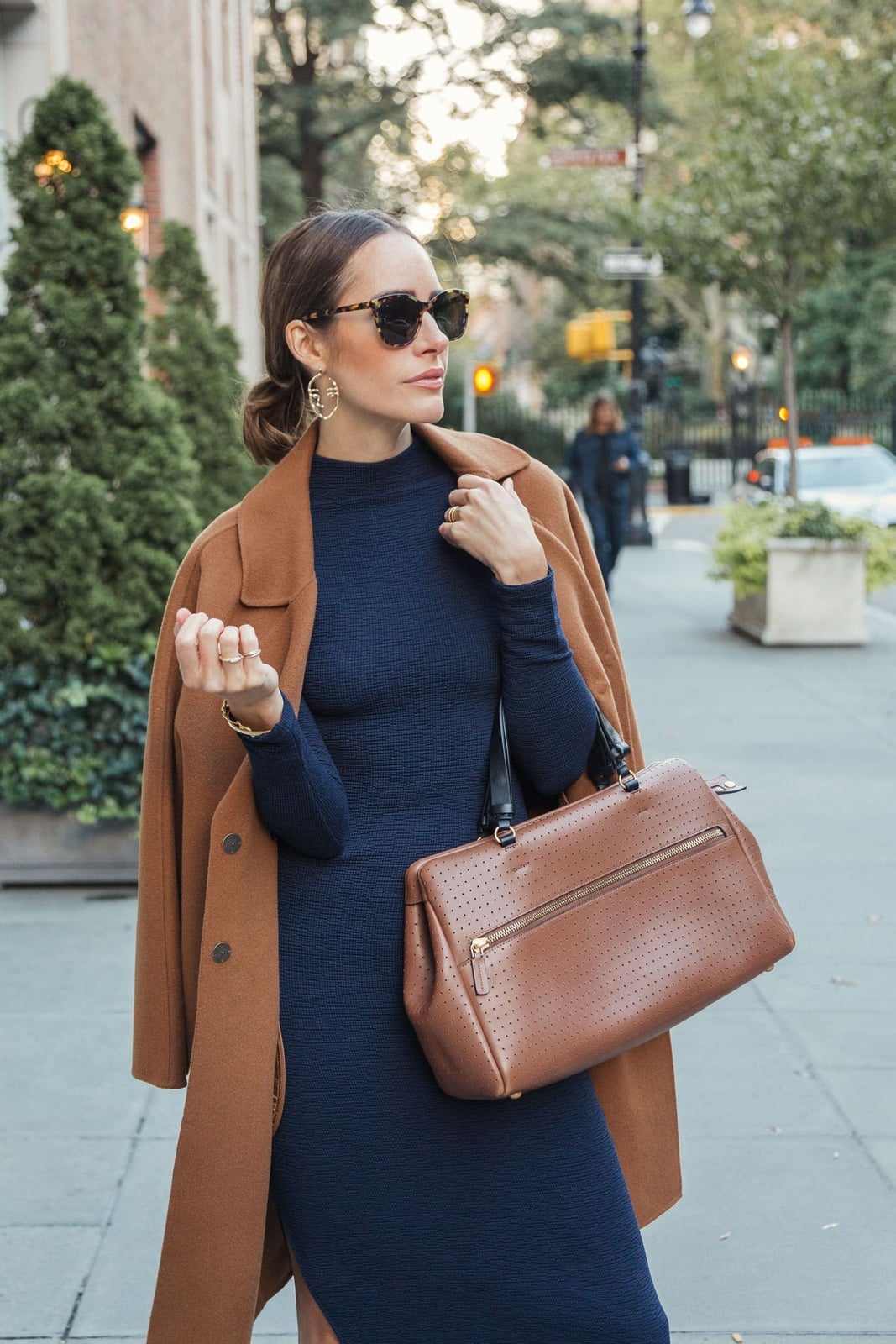 Navy Knit Dress with Oversized Tan Coat Navy Knit Dress with Oversized Tan Coat — Navy Blue Outfits