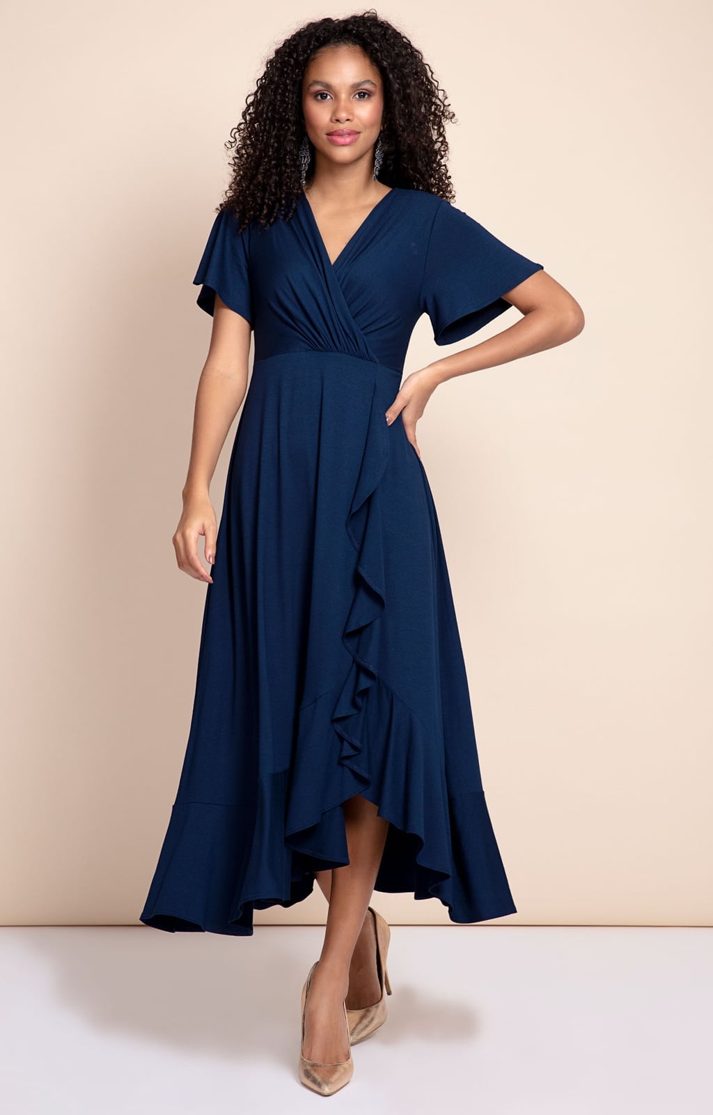 Navy Blue Wrap Dress with Ruffled Hem Navy Blue Wrap Dress with Ruffled Hem — Navy Blue Outfits