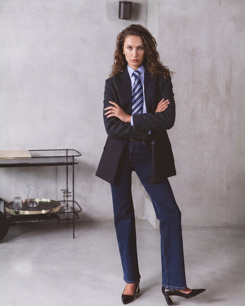 Navy Pinstripe Blazer and Wide-Leg Trousers Navy Pinstripe Blazer and Wide-Leg Trousers — Navy Blue Outfits