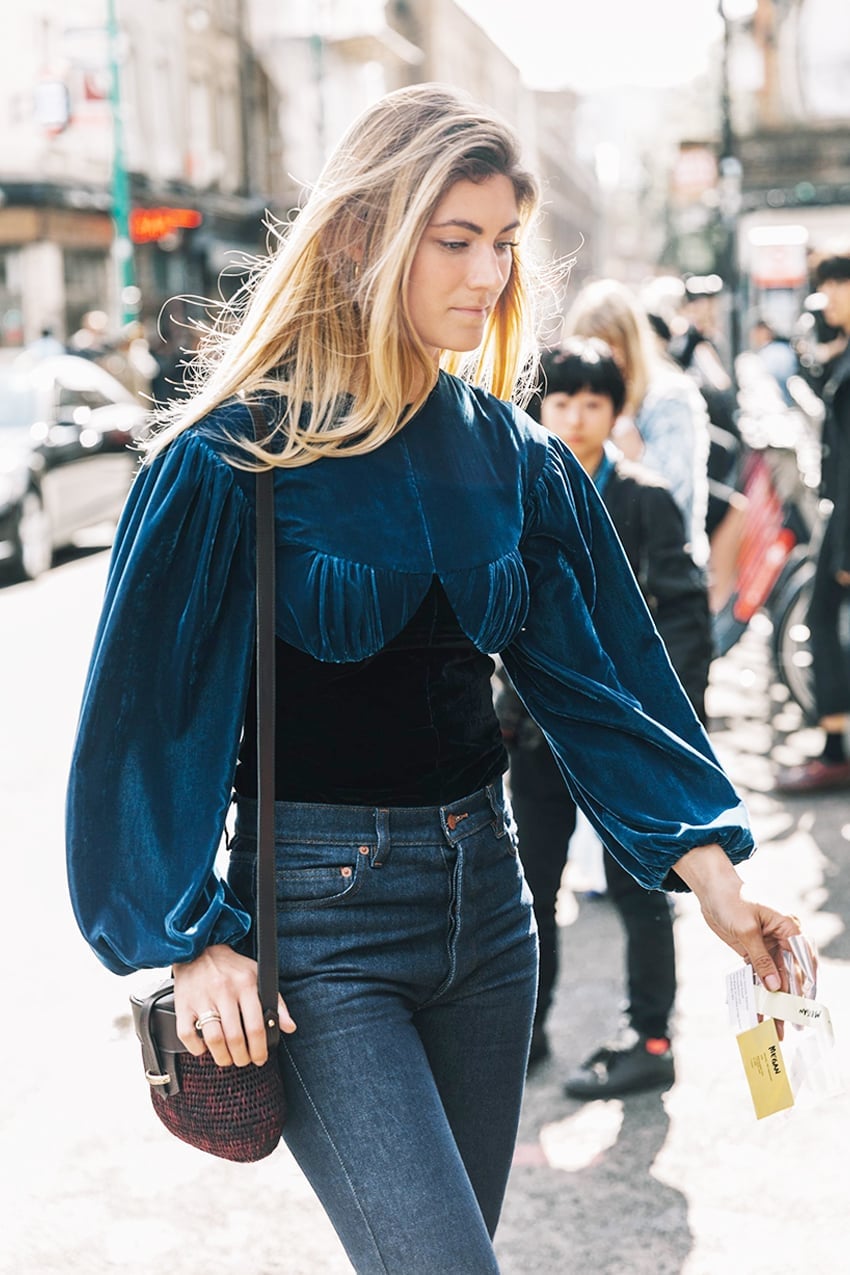 Blue Velvet Puff Sleeve Top with Jeans Blue Velvet Puff Sleeve Top with Jeans — Navy Blue Outfits