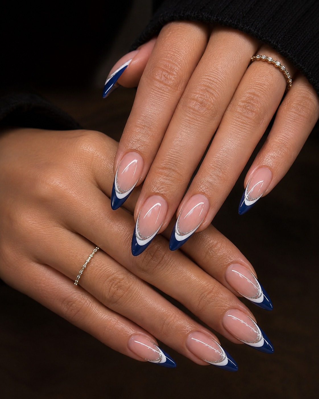 Navy Blue Stiletto French with Glitter Outline