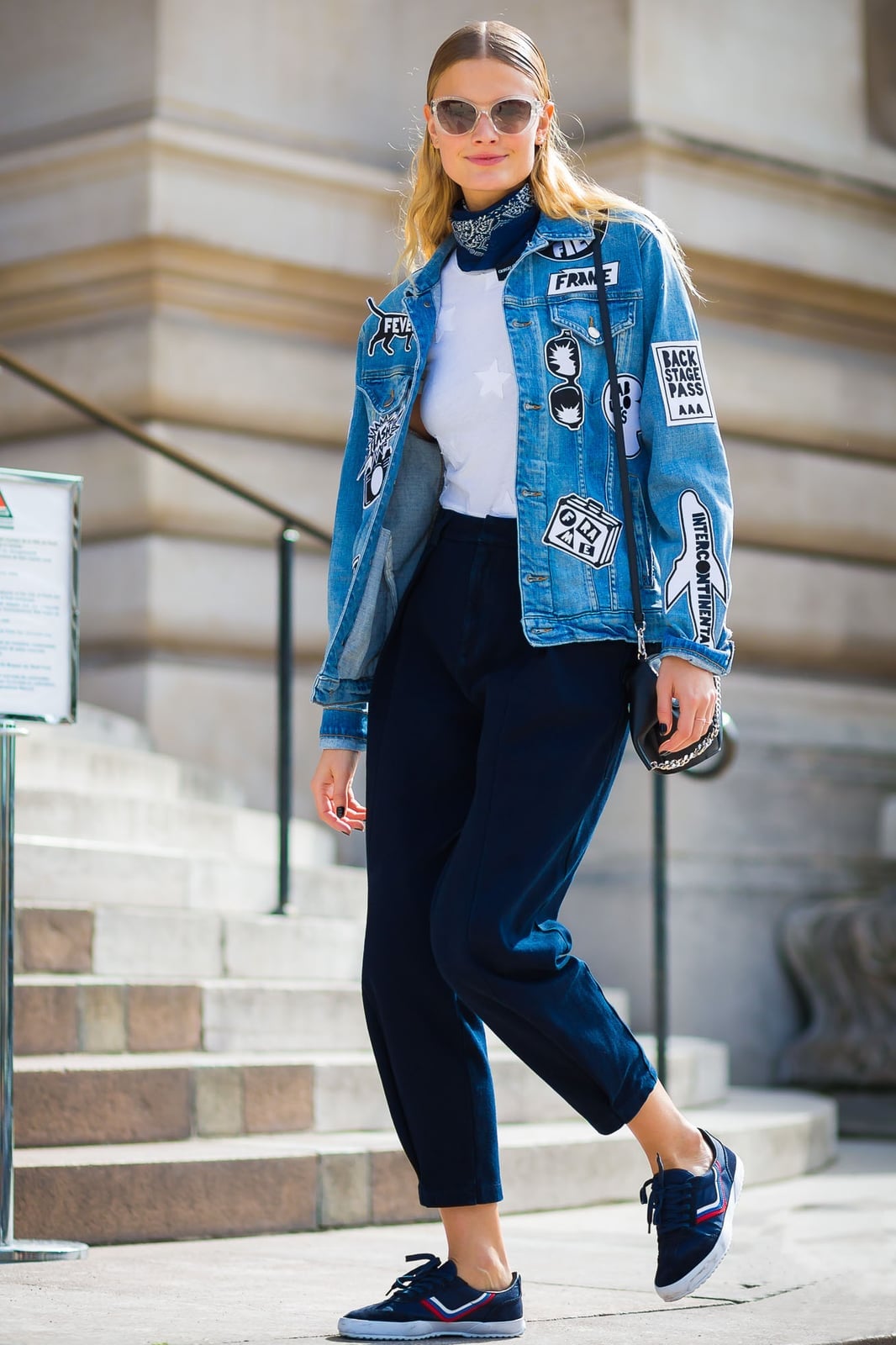 Navy trousers with patched denim jacket Navy trousers with patched denim jacket — Navy Outfits