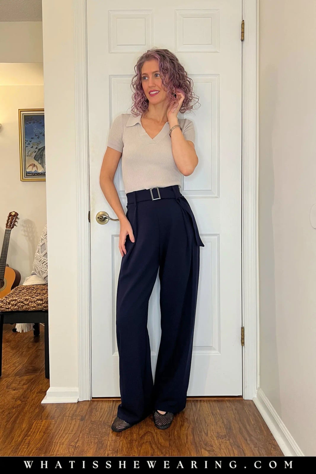 Navy wide leg trousers with beige knit top Navy wide leg trousers with beige knit top — Navy Outfits