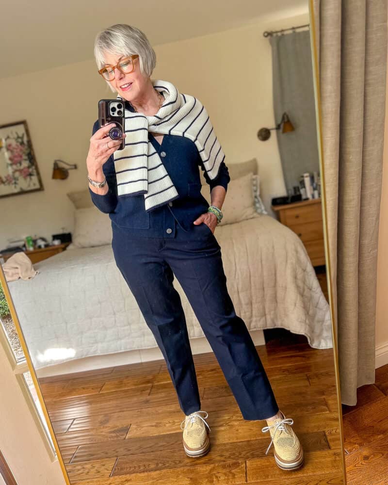 Navy trousers with striped sweater Navy trousers with striped sweater — Navy Outfits
