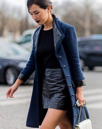 Blue textured coat with black mini skirt Blue textured coat with black mini skirt — Navy Outfits