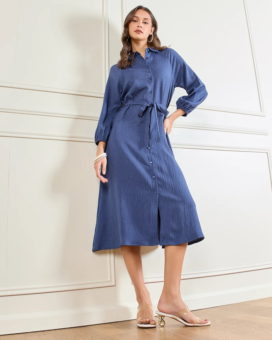 Blue midi dress with tie waist Blue midi dress with tie waist — Navy Outfits