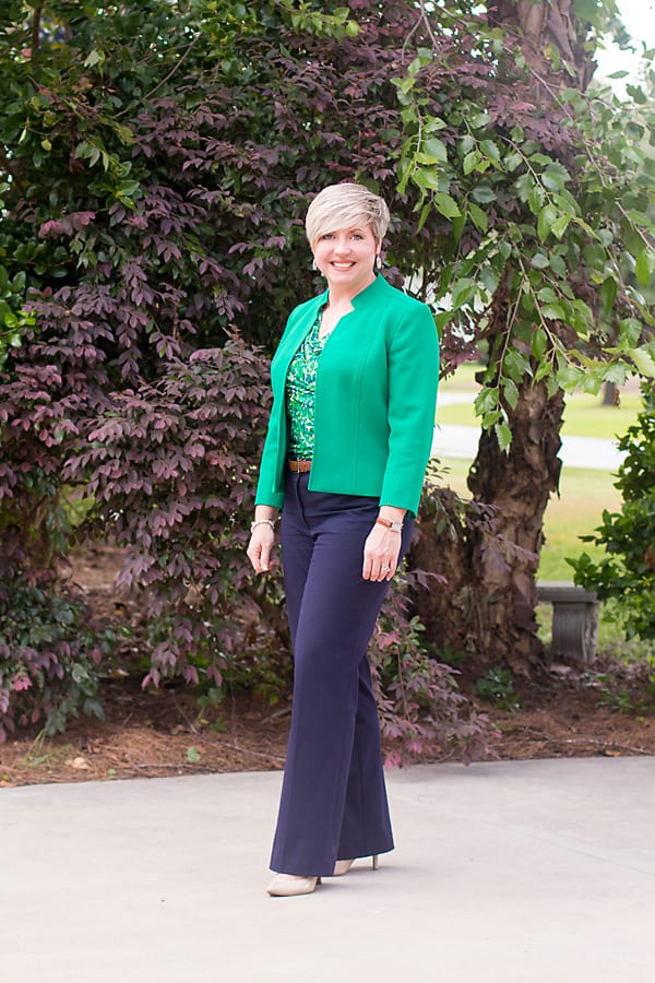 Smart Casual Navy Trousers With Green Blazer, Pointed Nude Heels Smart Casual Navy Trousers With Green Blazer, Pointed Nude Heels — Navy Pants Outfits