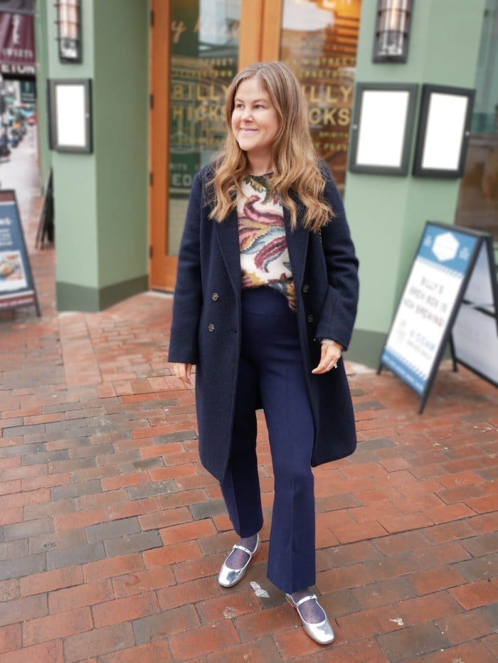 Casual Navy Wide Leg Trousers With Patterned Sweater Casual Navy Wide Leg Trousers With Patterned Sweater — Navy Pants Outfits