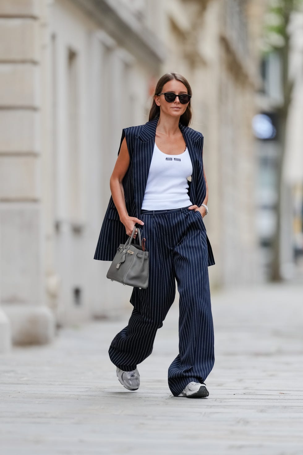 Pinstripe Navy Pantsuit For A Fashion Forward Look Pinstripe Navy Pantsuit For A Fashion Forward Look — Navy Pants Outfits
