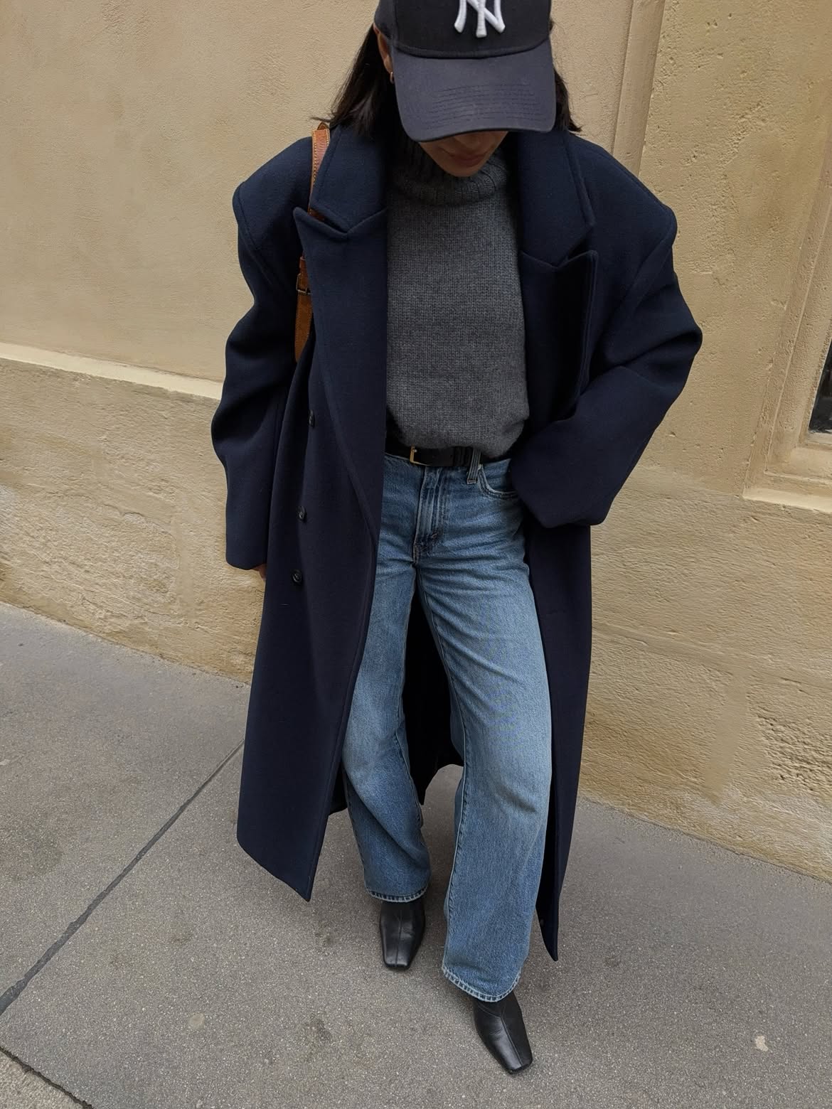 Navy Wool Coat With Grey Sweater & Straight Leg Jeans