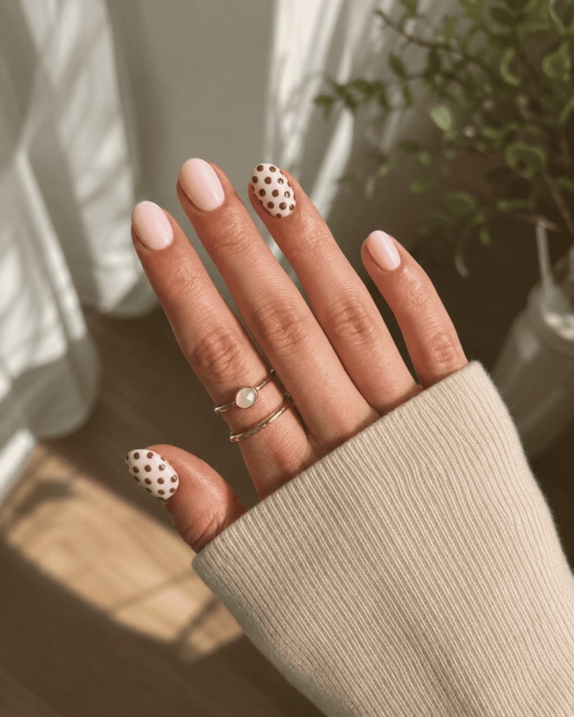 Short Almond Pale Pink With Brown Dot Accents Short Almond Pale Pink With Brown Dot Accents — Neutral Nails