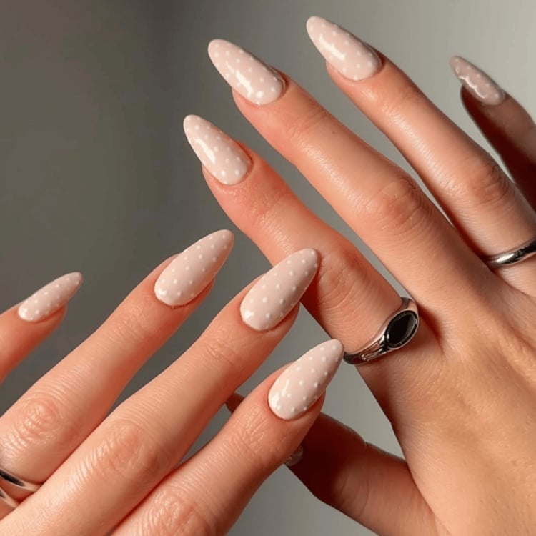 Long Almond Sheer Nude With White Polka Dots Long Almond Sheer Nude With White Polka Dots — Neutral Nails