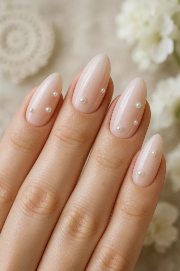 Sheer Milky Pink With Pearl Accents Almond Nails Sheer Milky Pink With Pearl Accents Almond Nails — Neutral Nails