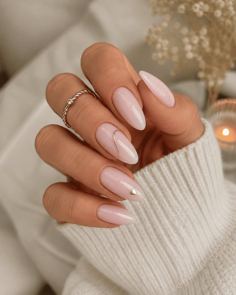 Sheer Milky Pink With Gold Wire Almond Nails Sheer Milky Pink With Gold Wire Almond Nails — Neutral Nails