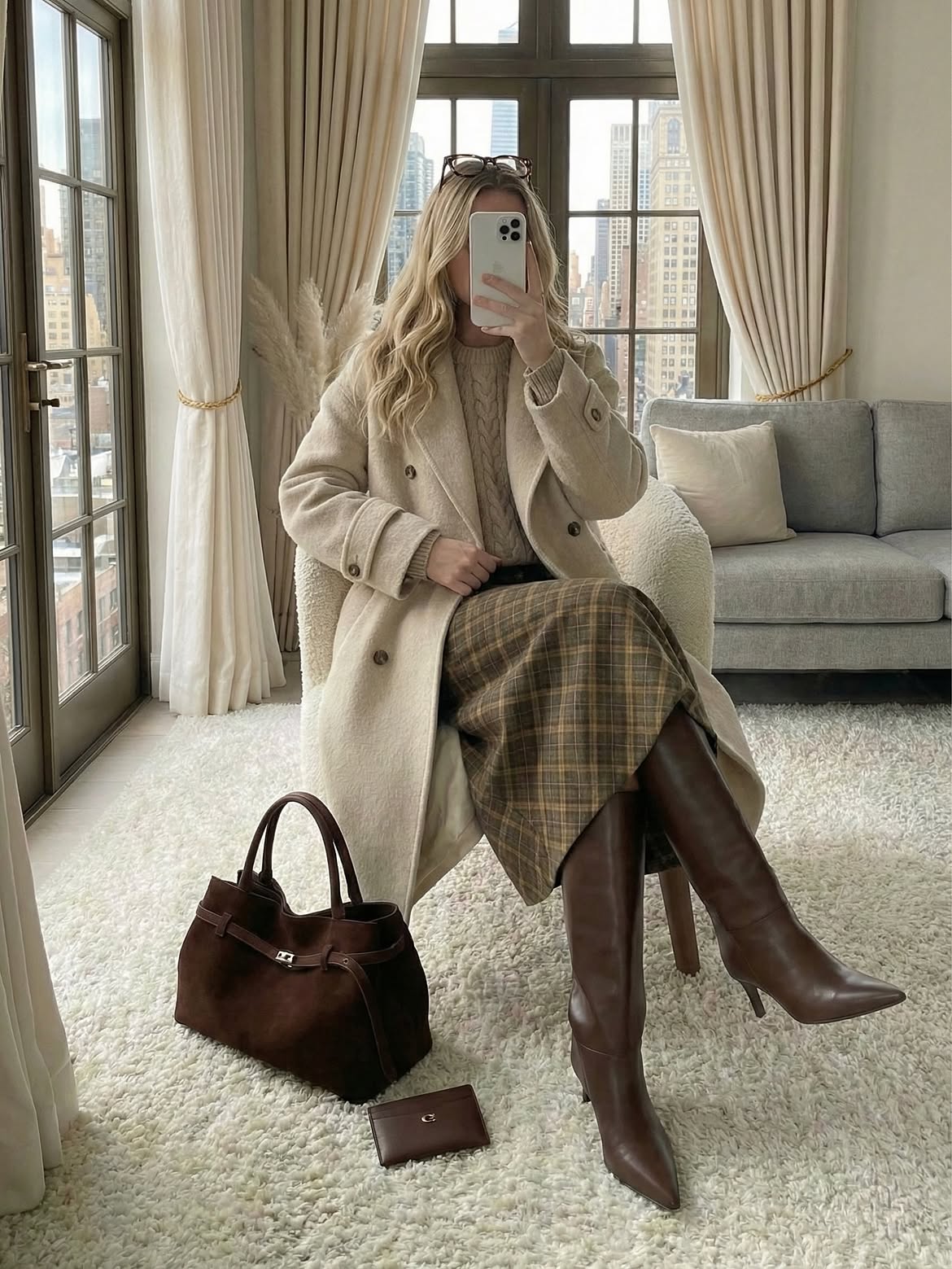 Neutral Wool Coat And Plaid Midi Skirt Outfit