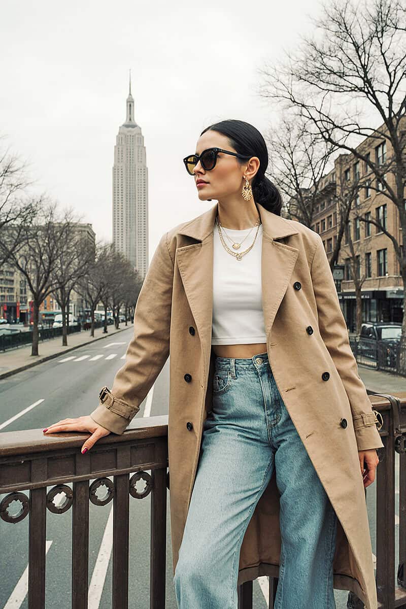 Beige trench coat with wide leg jeans Beige trench coat with wide leg jeans — New York Style