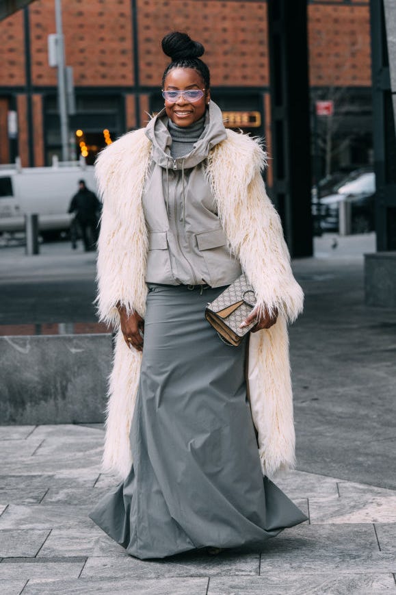 Cream faux fur coat and gray maxi skirt Cream faux fur coat and gray maxi skirt — New York Style