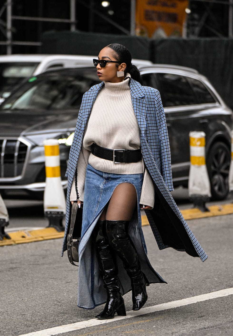 Plaid coat and denim maxi skirt Plaid coat and denim maxi skirt — New York Style