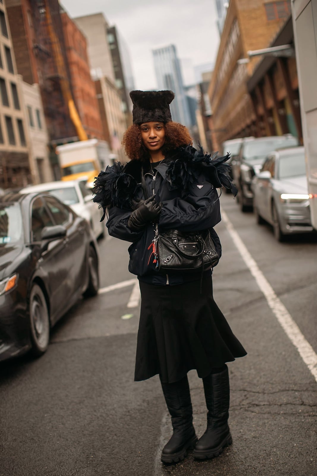 Bomber jacket with feathered trim and flared skirt Bomber jacket with feathered trim and flared skirt — New York Style