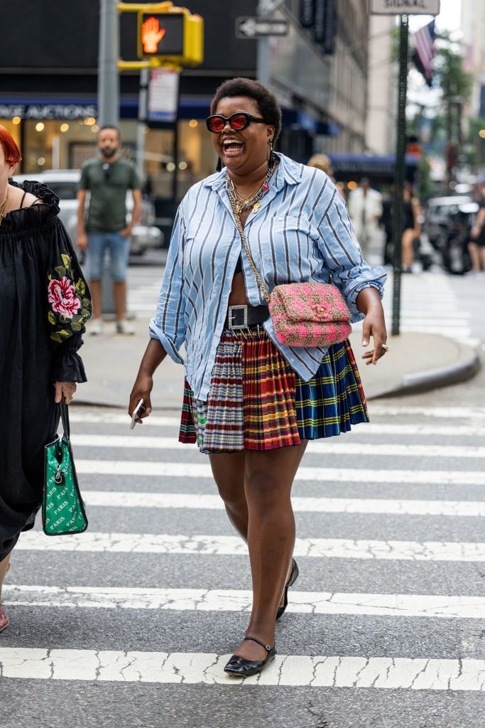 Oversized striped shirt with plaid mini skirt Oversized striped shirt with plaid mini skirt — New York Style