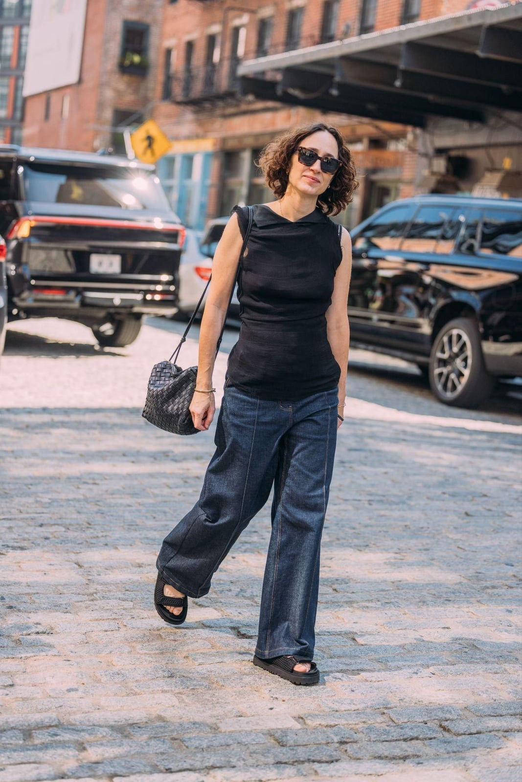Sleeveless top with dark wash wide leg jeans Sleeveless top with dark wash wide leg jeans — New York Style
