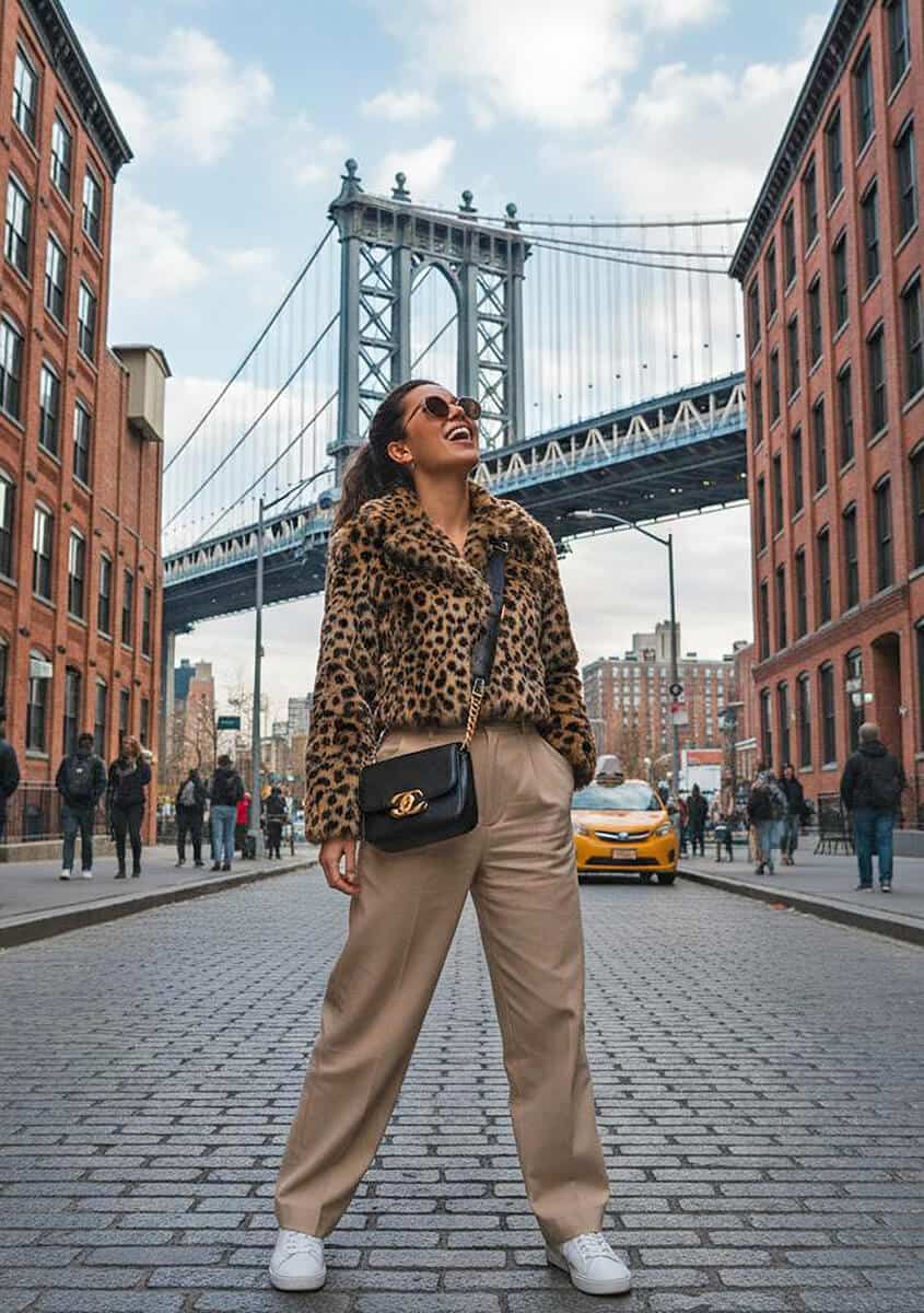 Leopard print faux fur jacket and beige trousers Leopard print faux fur jacket and beige trousers — New York Style