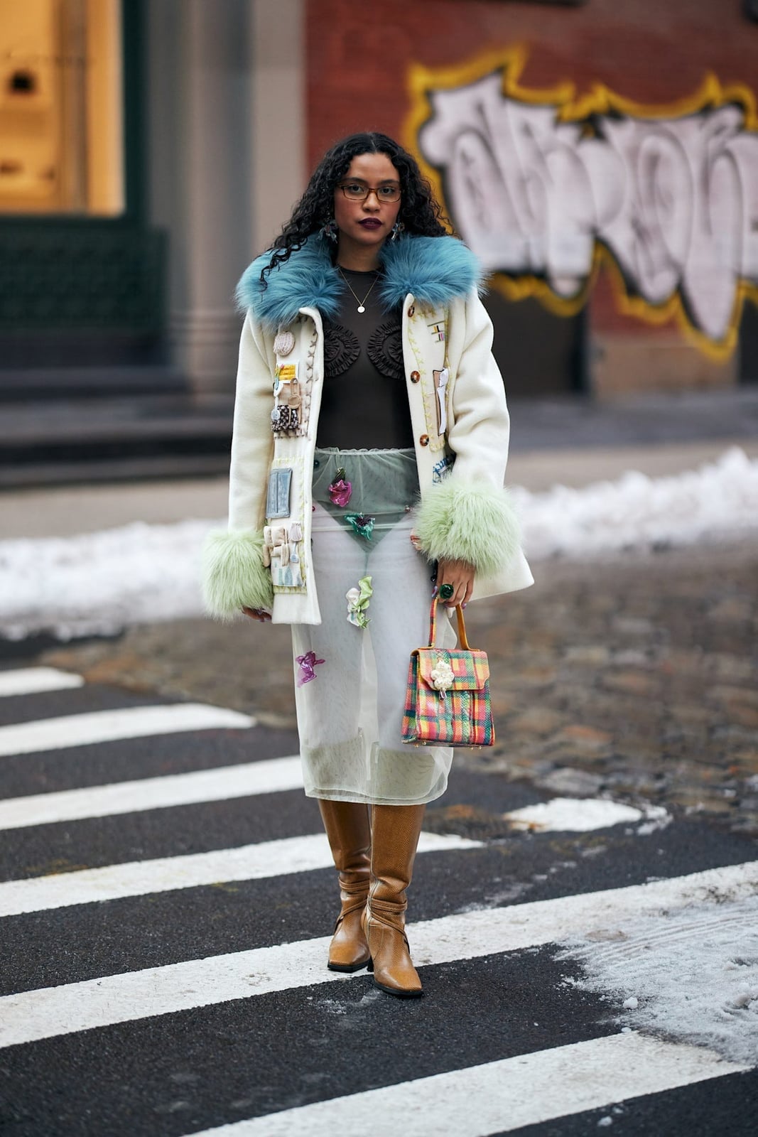 Cream coat with faux fur trim and sheer skirt, Wool Cream coat with faux fur trim and sheer skirt, Wool — New York Style