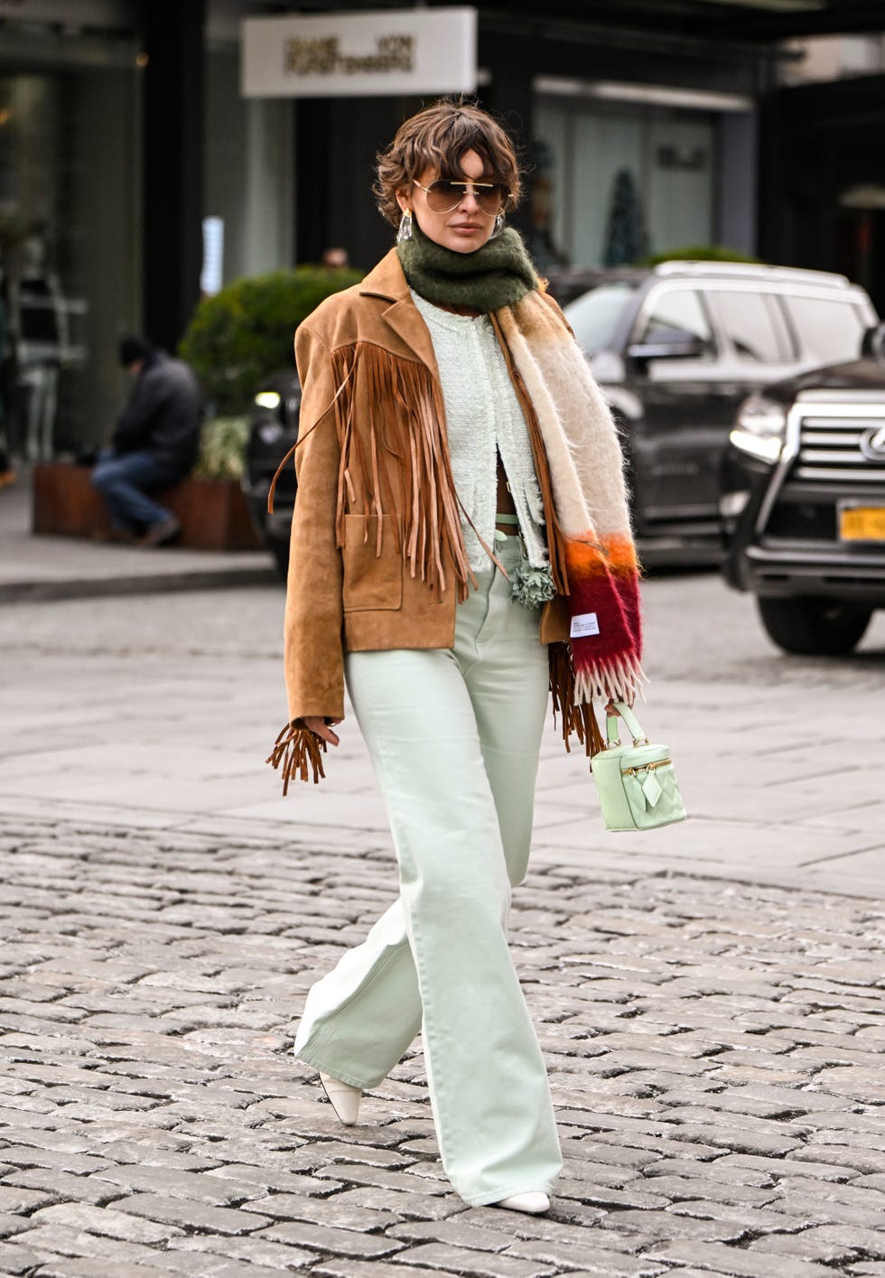 Tan suede fringe jacket with wide leg pants Tan suede fringe jacket with wide leg pants — New York Style