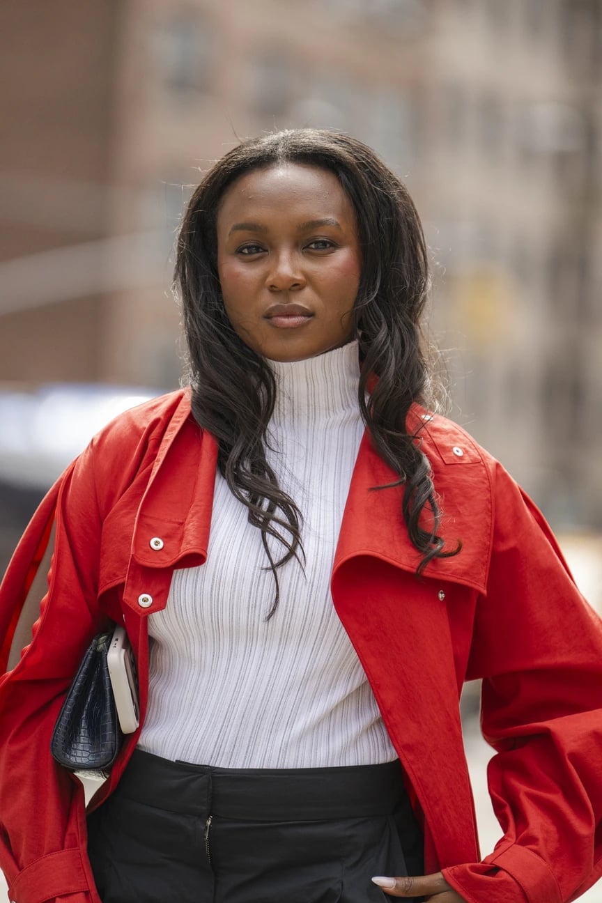 Bright red trench coat over white turtleneck Bright red trench coat over white turtleneck — New York Style