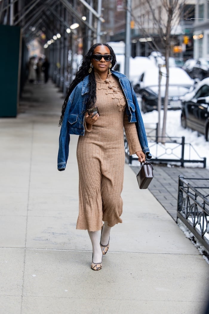 Blue denim jacket over camel knit dress Blue denim jacket over camel knit dress — New York Style