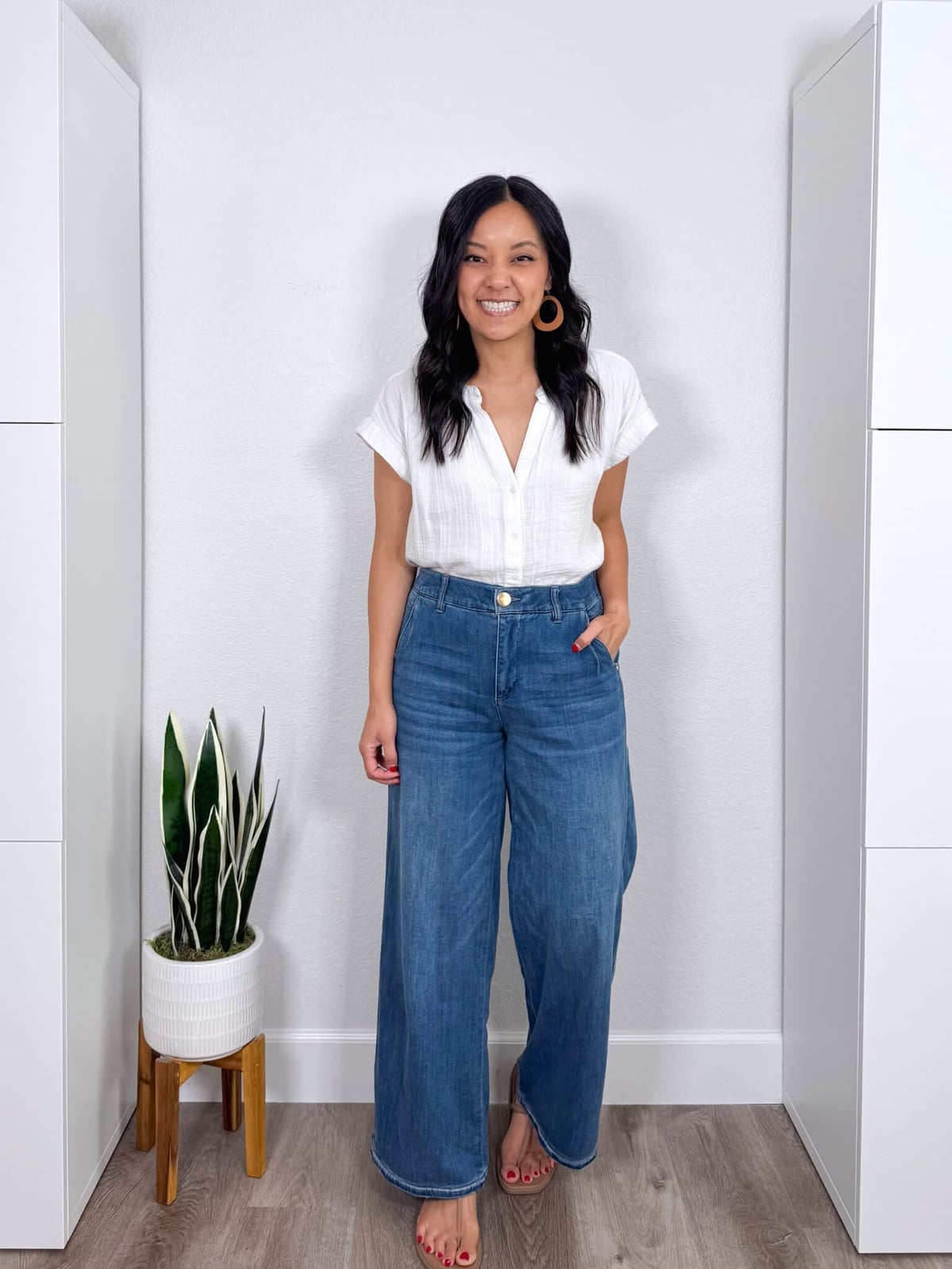 White Button-Up Shirt and Wide Leg Blue Jeans White Button-Up Shirt and Wide Leg Blue Jeans — Nice Outfits