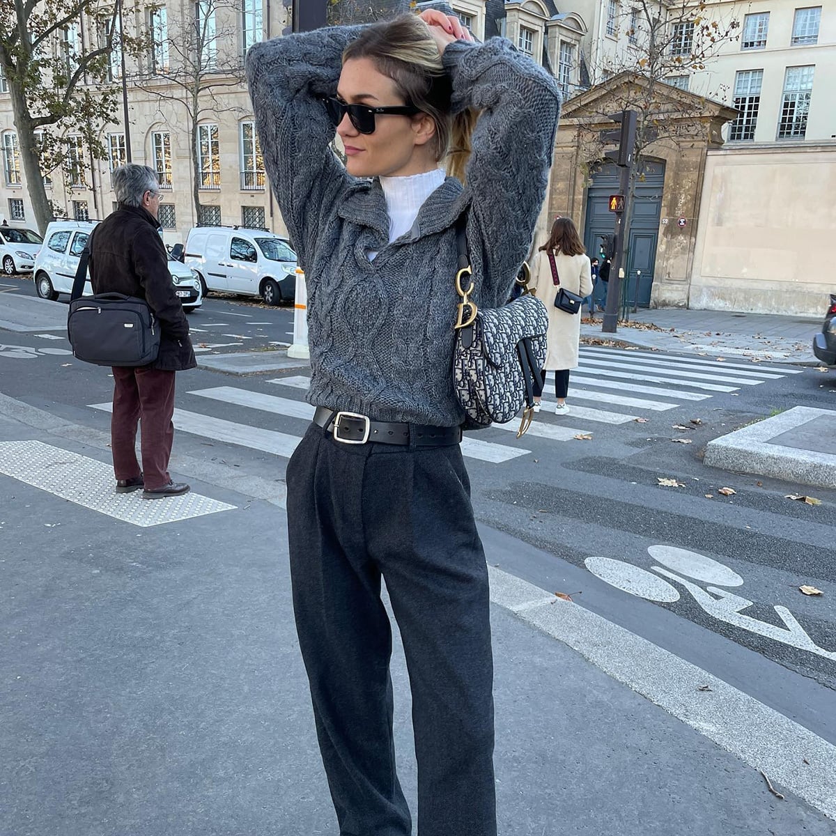 Gray Cable Knit Sweater with Charcoal Wide-Leg Trousers Gray Cable Knit Sweater with Charcoal Wide-Leg Trousers — Nice Outfits