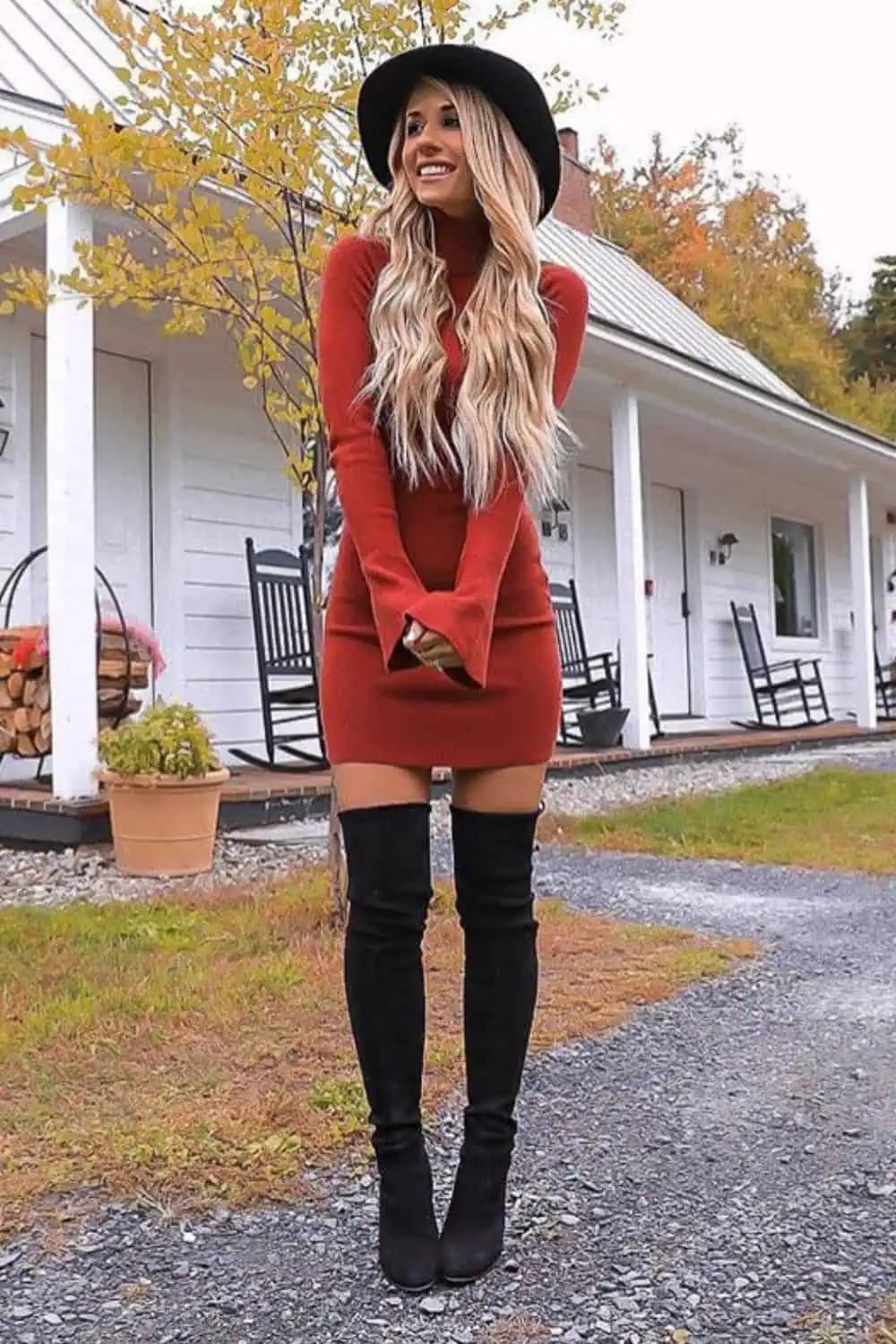 Red Turtleneck Mini Dress with Over-the-Knee Boots Red Turtleneck Mini Dress with Over-the-Knee Boots — Nice Outfits