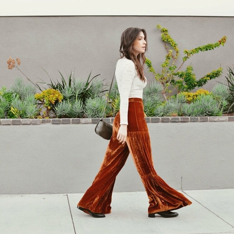 Rust Velvet Tiered Pants with White Long-Sleeve Top Rust Velvet Tiered Pants with White Long-Sleeve Top — Nice Outfits