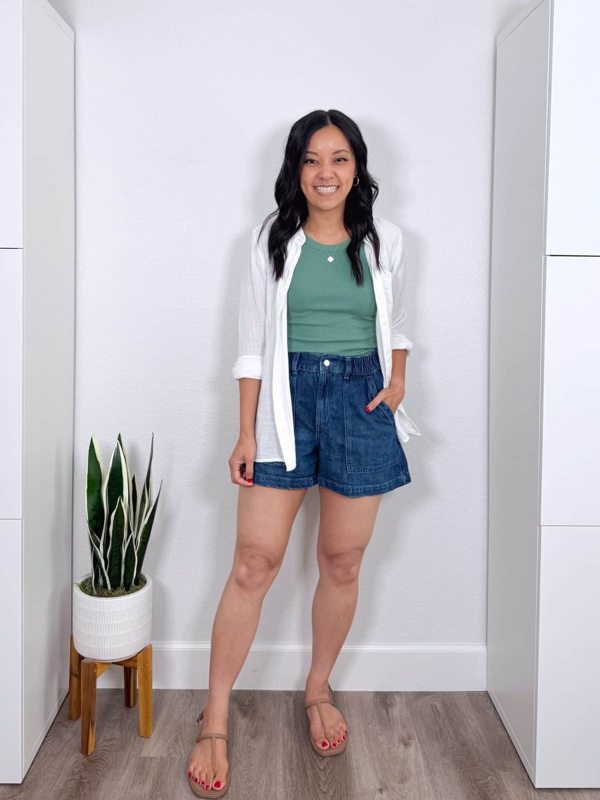 Green Ribbed Tank with White Linen Shirt and Denim Shorts Green Ribbed Tank with White Linen Shirt and Denim Shorts — Nice Outfits
