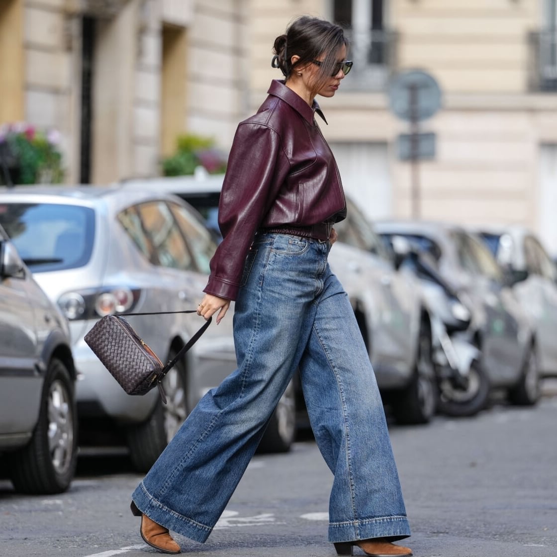 Ultra Wide Leg Jeans with Burgundy Leather Jacket Ultra Wide Leg Jeans with Burgundy Leather Jacket — Nice Outfits
