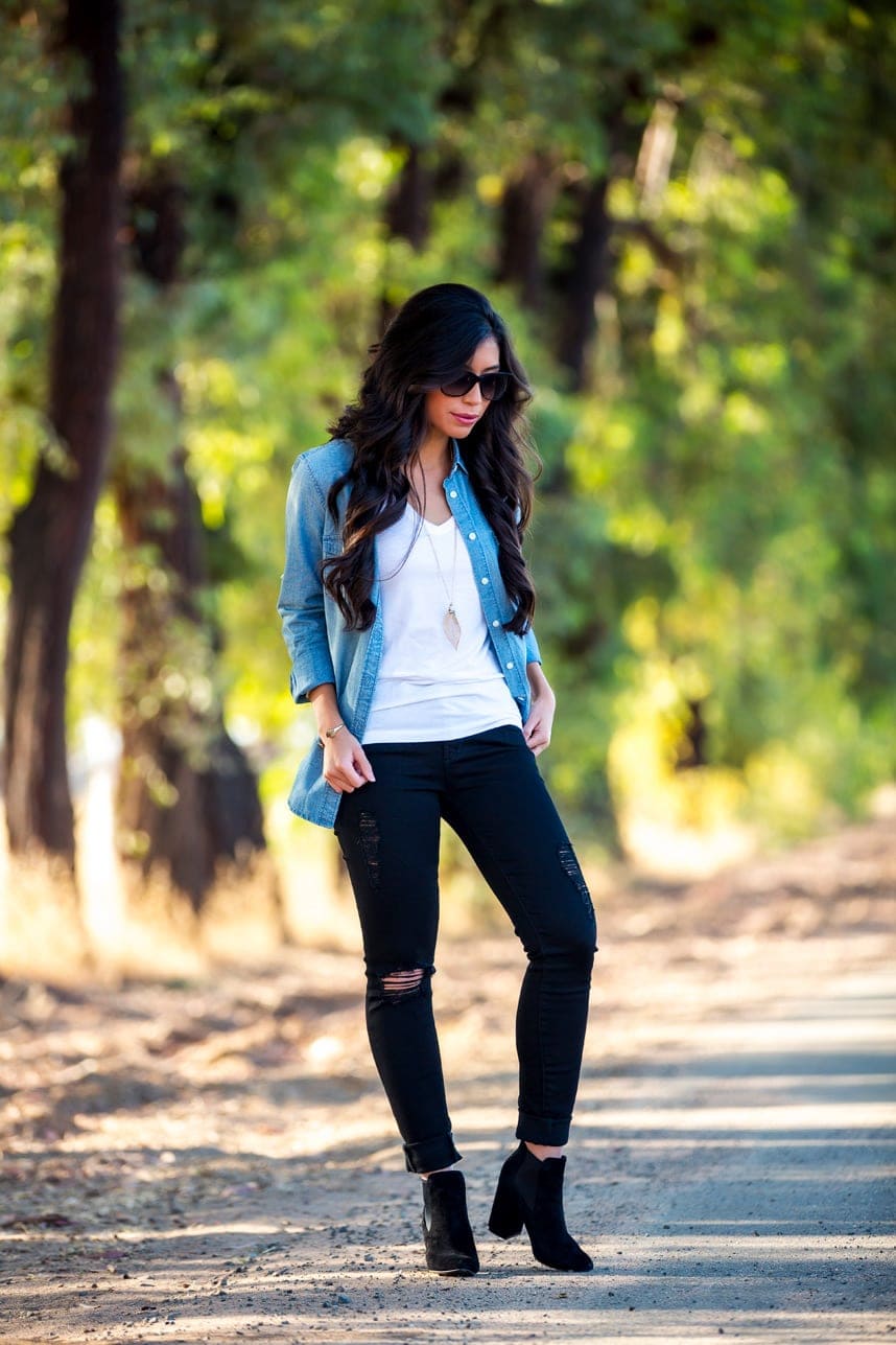 Distressed Black Skinny Jeans with Blue Denim Shirt Distressed Black Skinny Jeans with Blue Denim Shirt — Nice Outfits