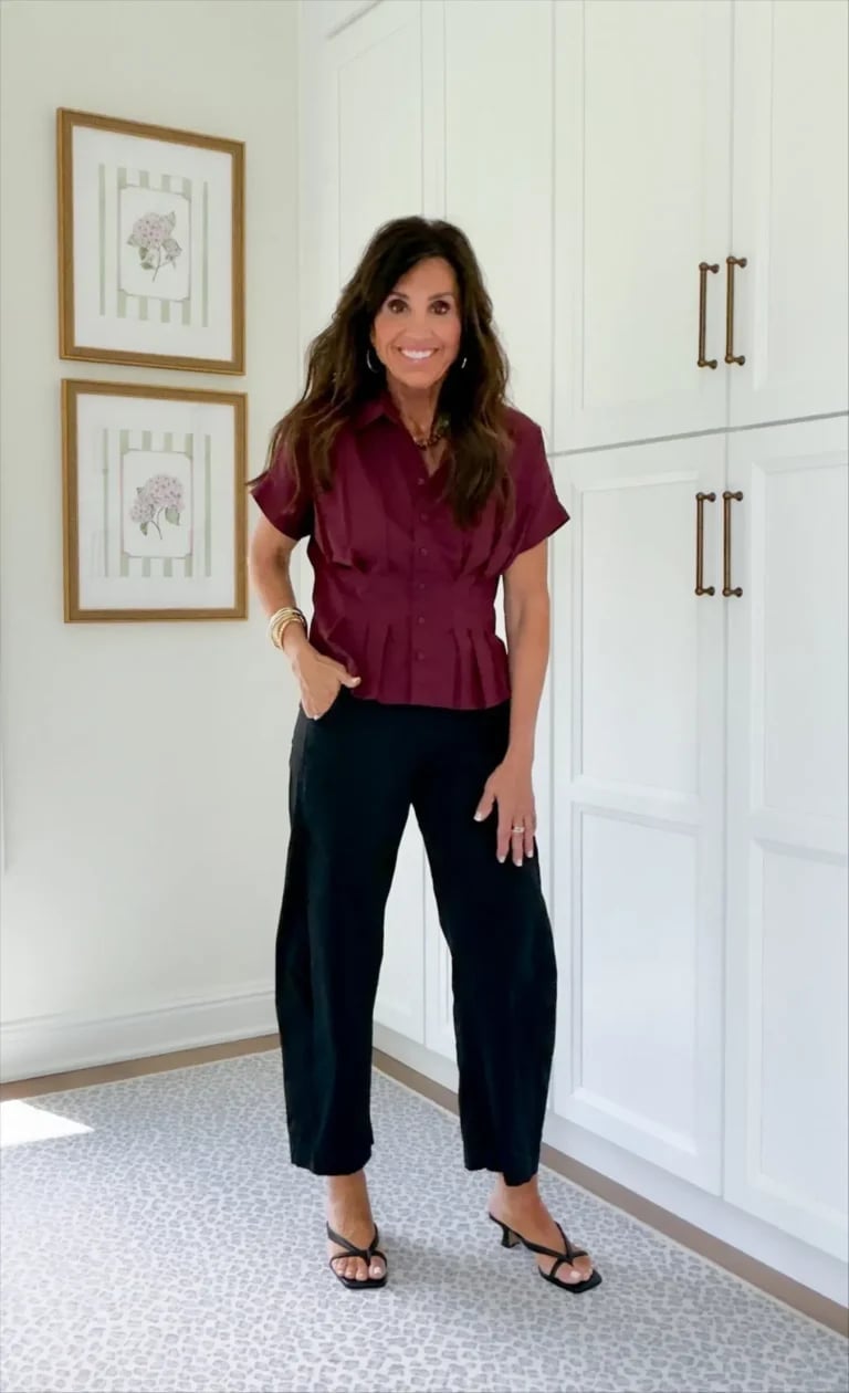 Burgundy Satin Peplum Blouse with Black Cropped Pants Burgundy Satin Peplum Blouse with Black Cropped Pants — Nice Outfits