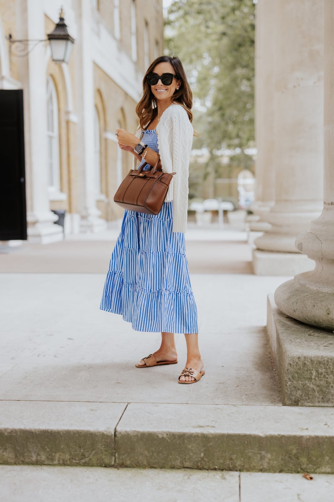 Striped Tiered Midi Dress with Cream Cardigan Striped Tiered Midi Dress with Cream Cardigan — Nice Outfits