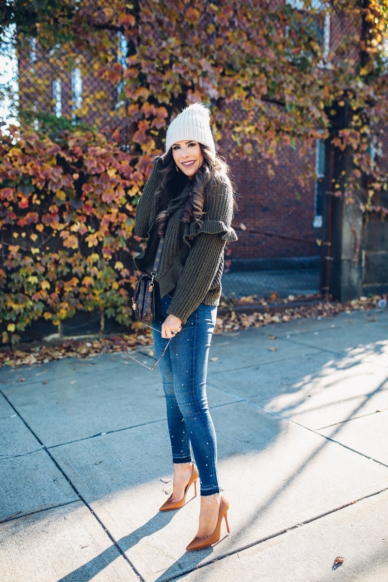 Olive Green Ruffled Sweater with Pearl Embellished Jeans Olive Green Ruffled Sweater with Pearl Embellished Jeans — Nice Outfits