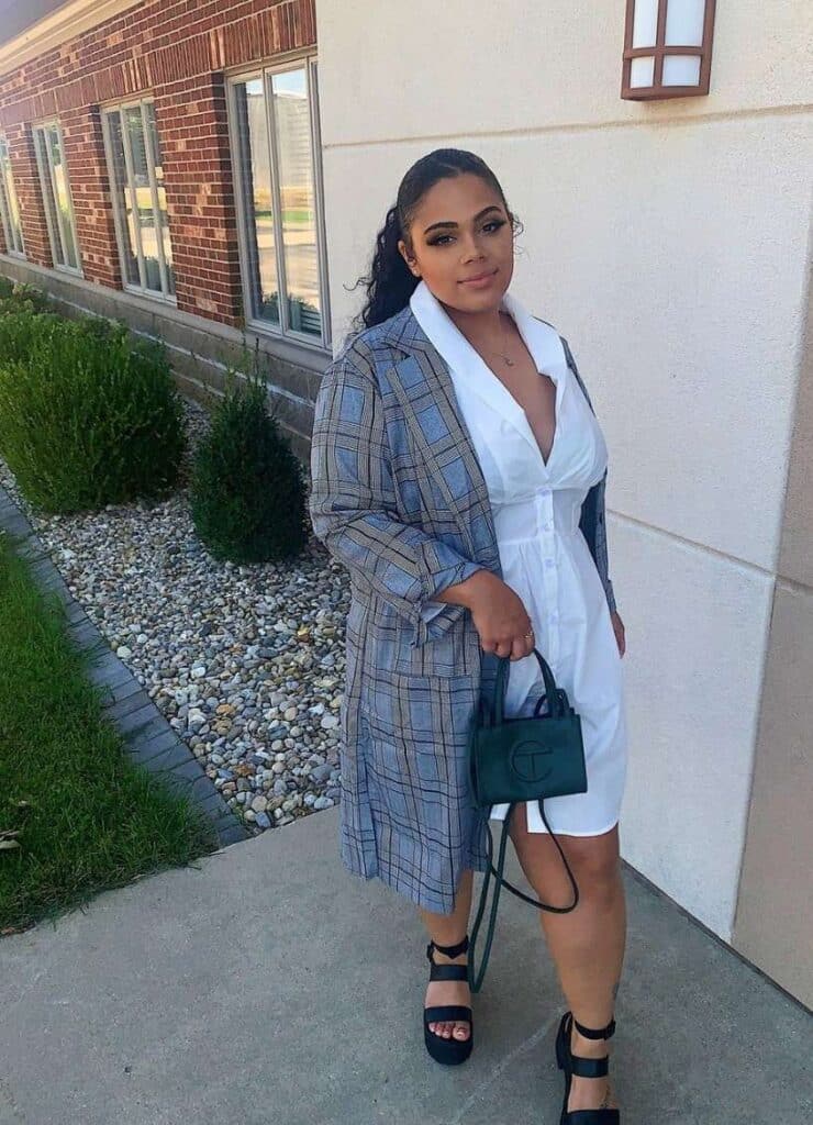 Gray Plaid Duster Coat over White Button-Down Dress Gray Plaid Duster Coat over White Button-Down Dress — Nice Outfits
