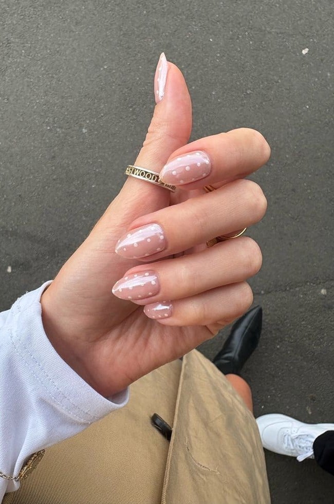 Nude Polka Dot Medium Almond Nails Nude Polka Dot Medium Almond Nails — Nude Nails
