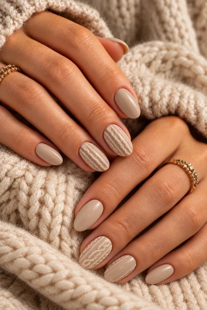 Matte Nude with Cable Knit Accent Nails Matte Nude with Cable Knit Accent Nails — Nude Nails
