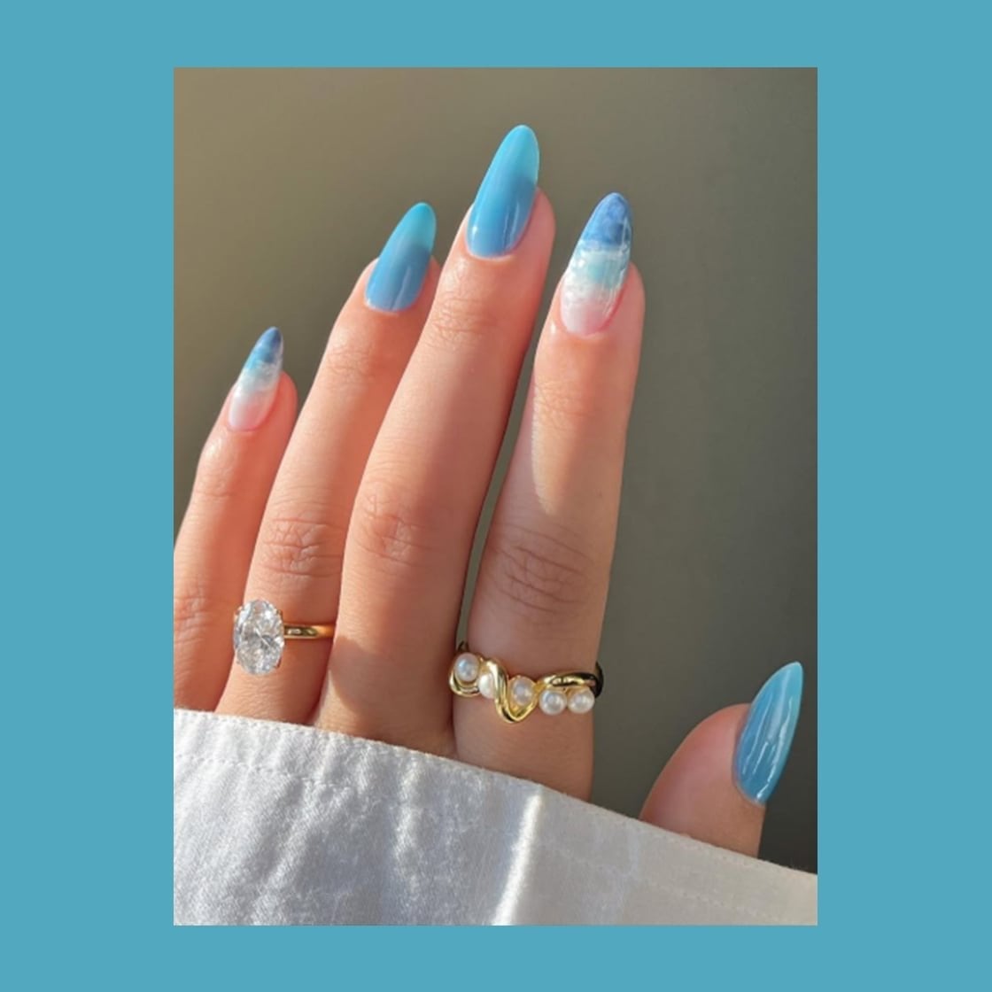 Pink to Blue Gradient Wave Long Almond Nails Pink to Blue Gradient Wave Long Almond Nails — Ocean Nails